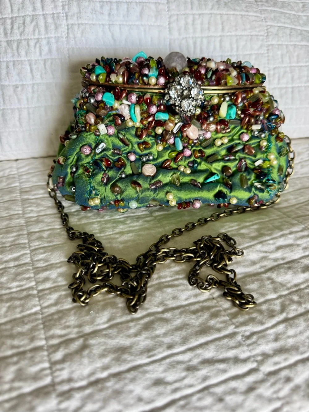 Vintage Mary Frances Beaded Green Embellished Evening Clutch with Chain